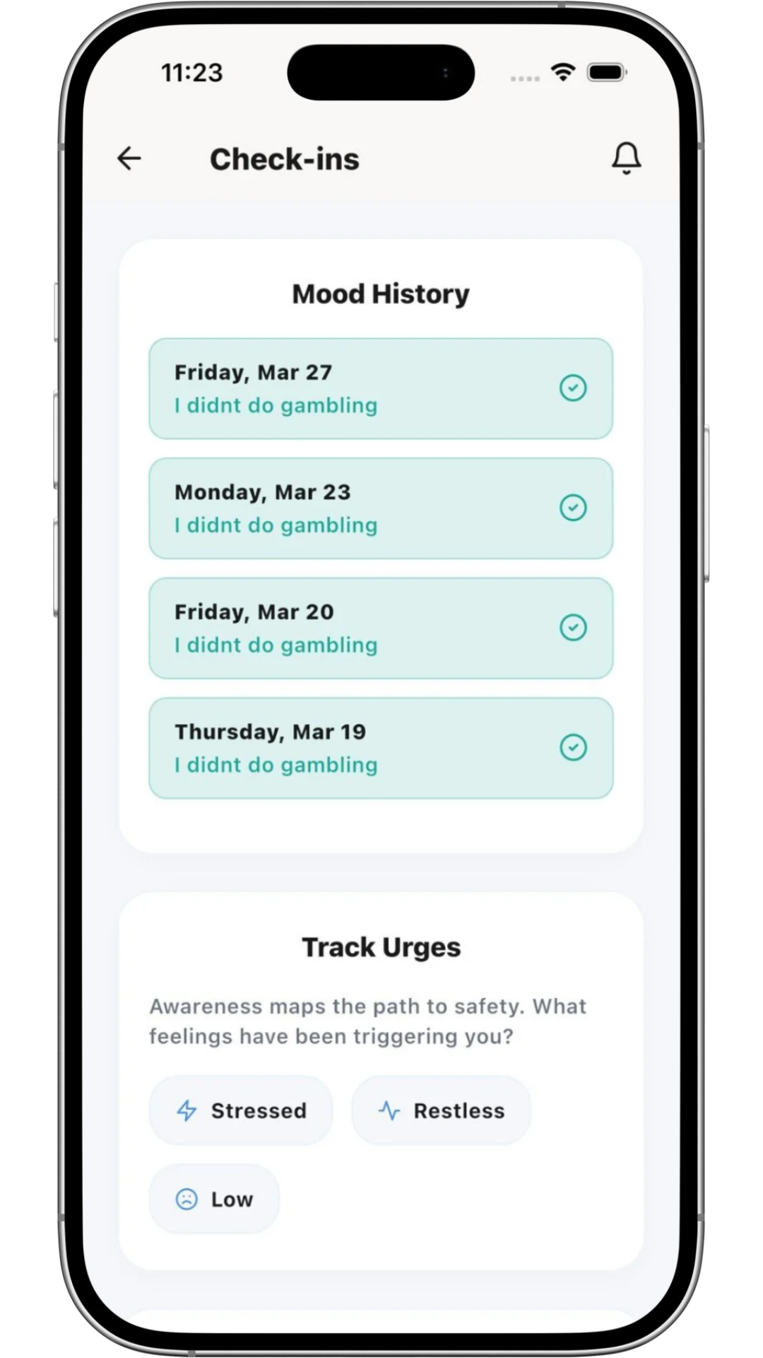 Steady app screenshot showing check-ins and mood tracking